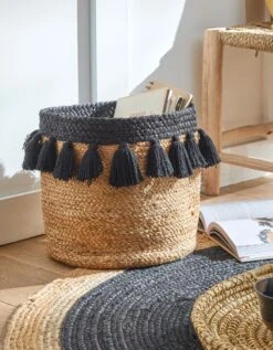 Panier Rond Jute Pompons Noirs