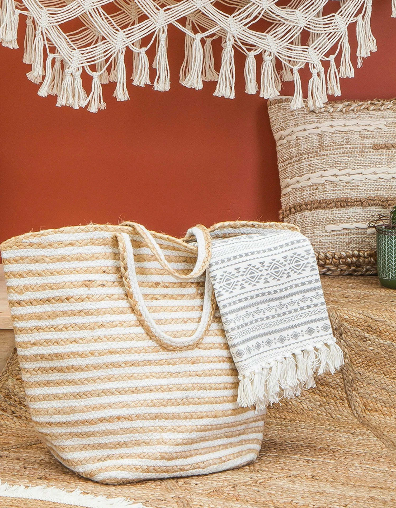 Panier Rayé Jute Véritable Et Corde Tressée 2 Panier Rayé Jute Véritable Et Corde Tressée – Image 2