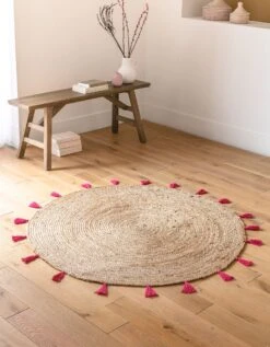 Tapis Rond En Jute Avec Pompons De Couleur