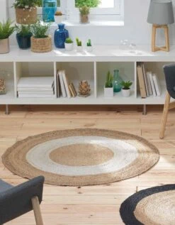Tapis Rond Bicolore Blanc En Jute