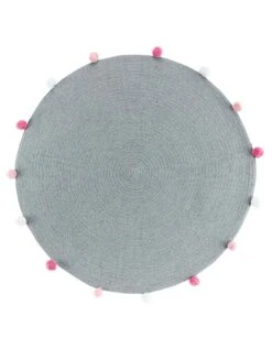 Tapis Rond Finition Pompons Gris/rose
