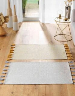 Tapis Rectangulaire Finition Pompons, Imprimé Métallisé