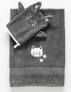 Collection éponge Enfant Brodée Chat Coton - 380 G/m2