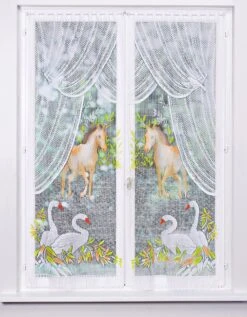 Vitrage Droit Peint Motif Chevaux Finition Passe-tringle - La Paire