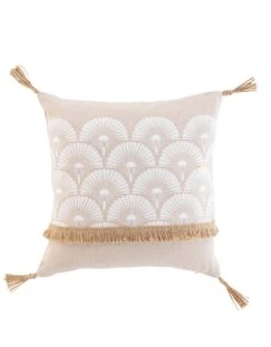 Coussin Imprimé Frange Et Pompons En Jute